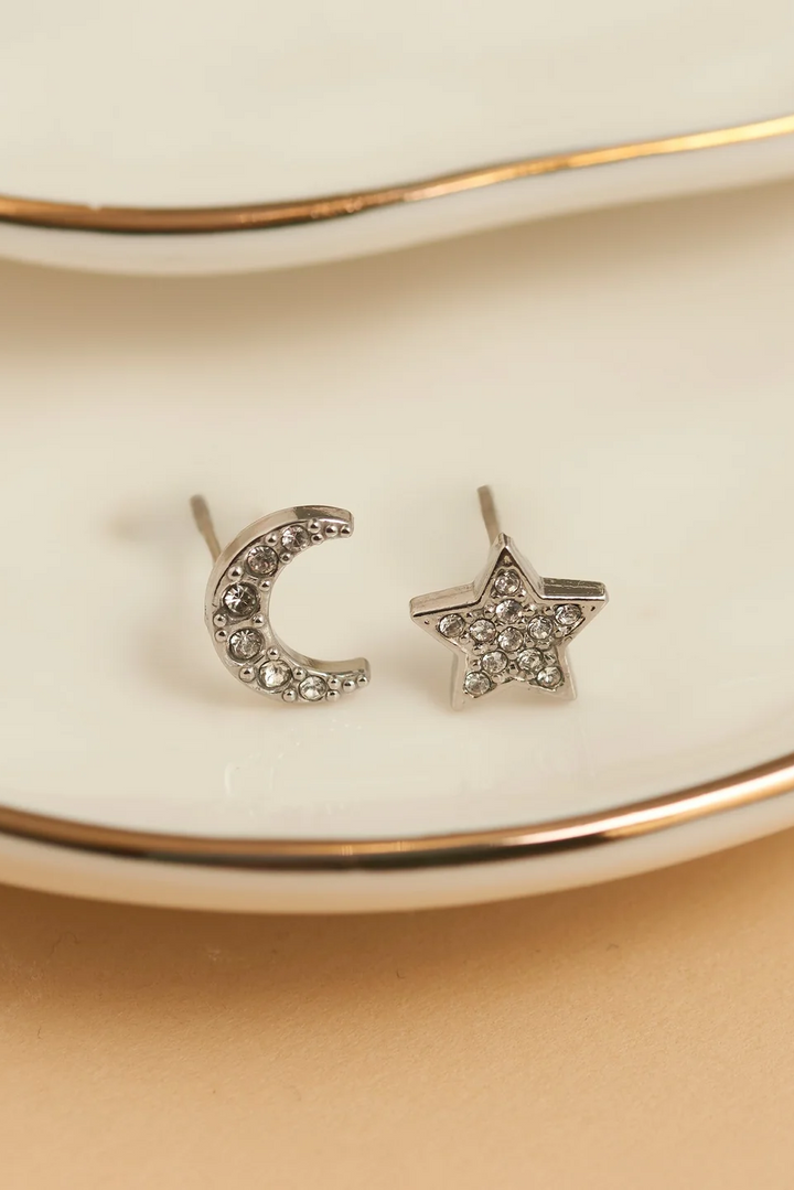 Narelle Waterproof Pave Star and Moon Stud Earrings