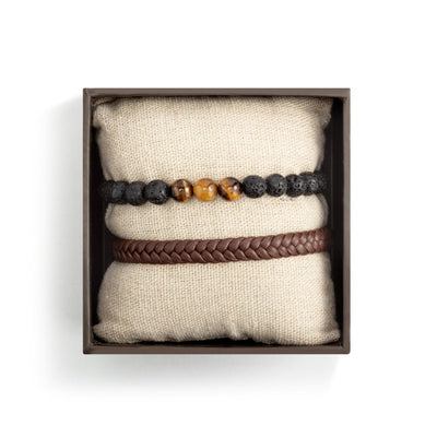 Men's Brown Leather & Stone Bracelet Set