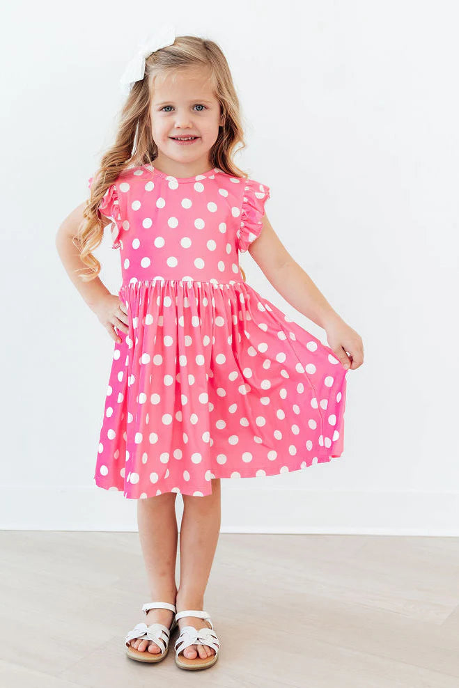 Pink Polka Dot Girl's Flutter Sleeve Twirl Dress