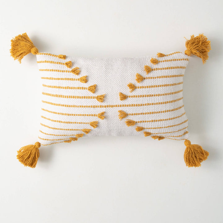 White & Gold Striped Tassel Lumbar Pillow