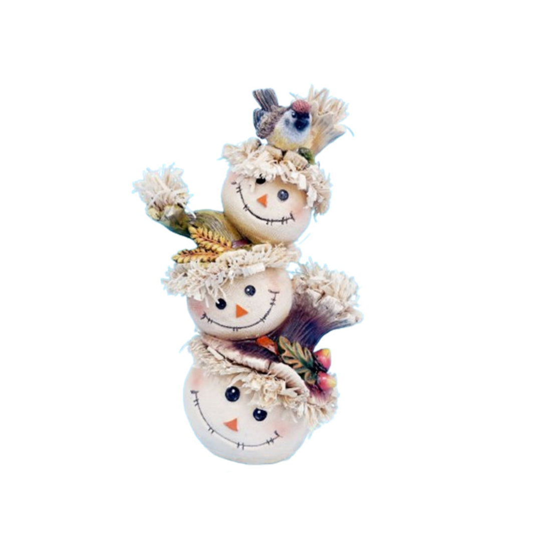 Stack of decorative snowmen with measurements on a white background