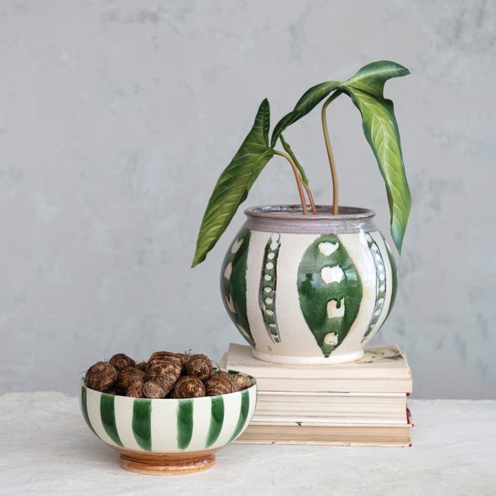 Green and white patterned pot with a plant, bowl with seeds, and books on a gray surface.