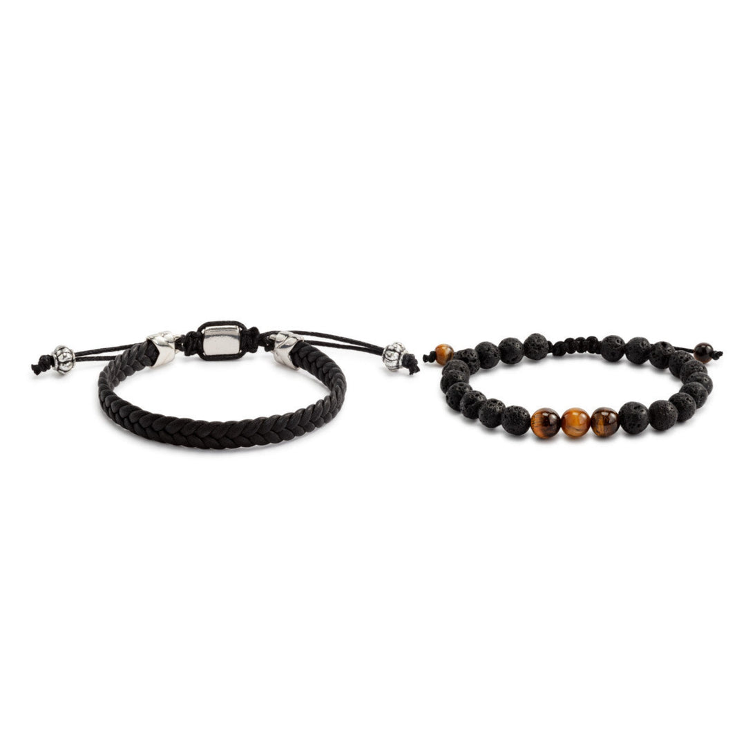 Men's Black Leather & Stone Bracelet Set