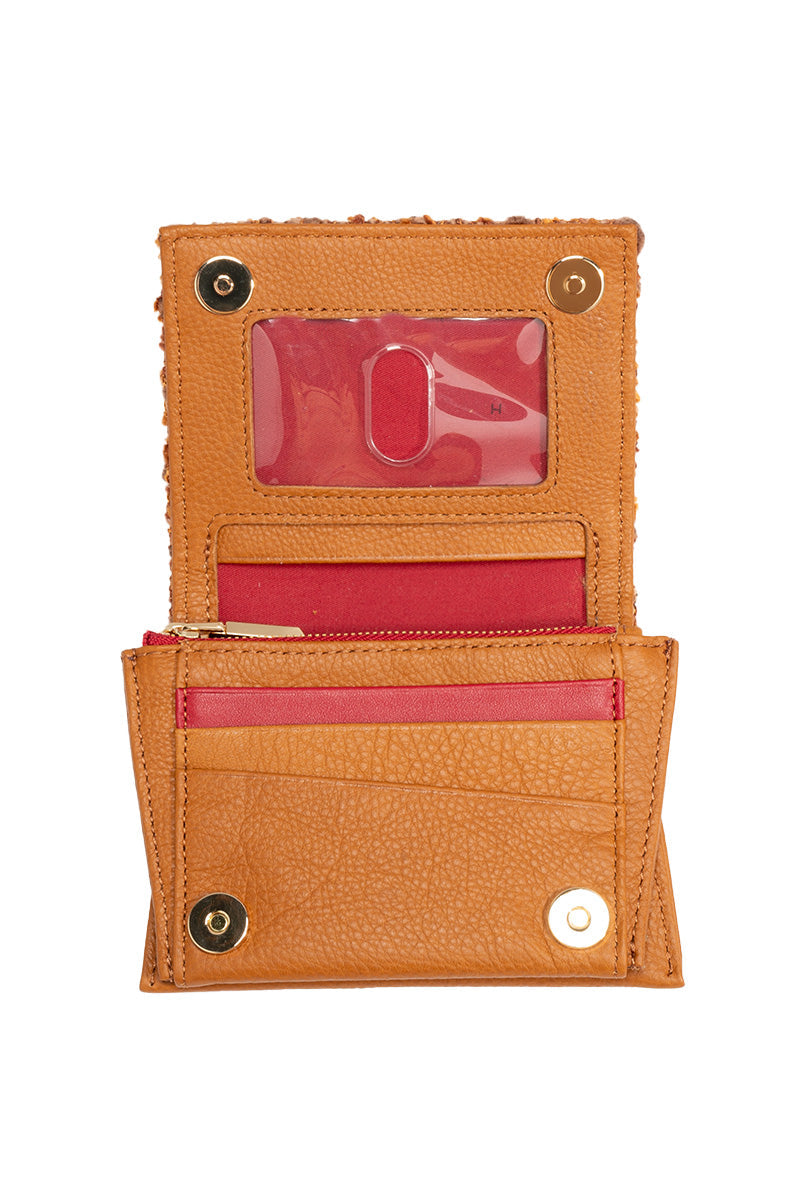 Hammitt Allen Wallet- Woven Maple Wood/Gold Heirloom Red Zip