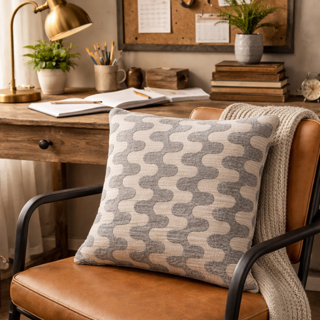 Patterned pillow on a brown chair with a home office in the background