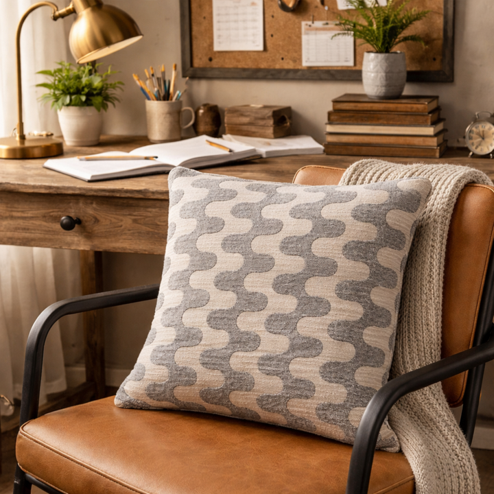 Patterned pillow on a brown chair with a home office in the background