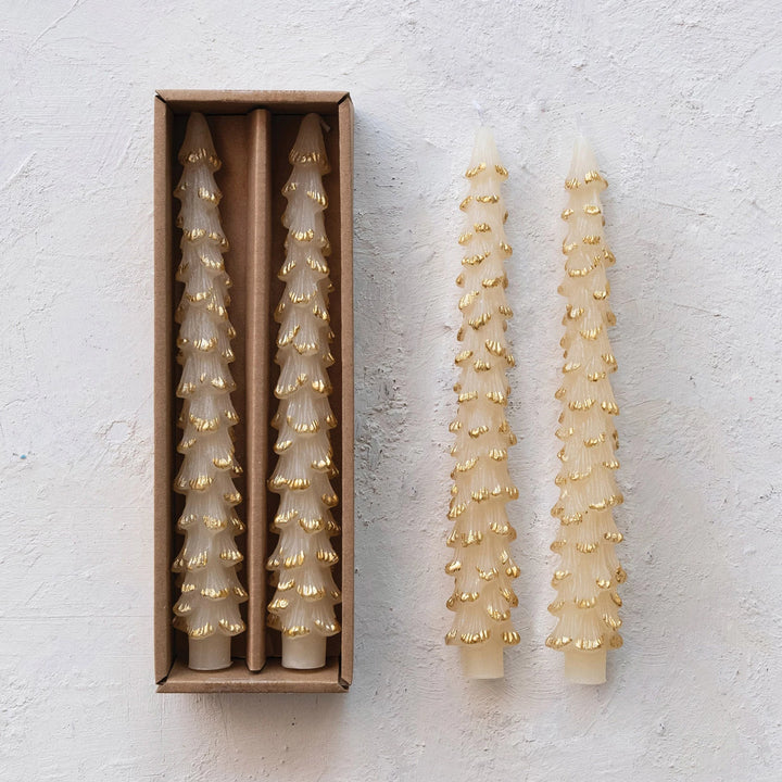 Gold Tipped Pine Tree Taper Candle Set