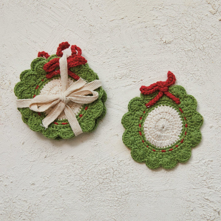 Crocheted Red Bow Wreath Coaster Set