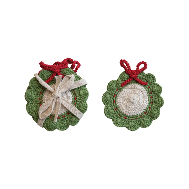 Crocheted Red Bow Wreath Coaster Set