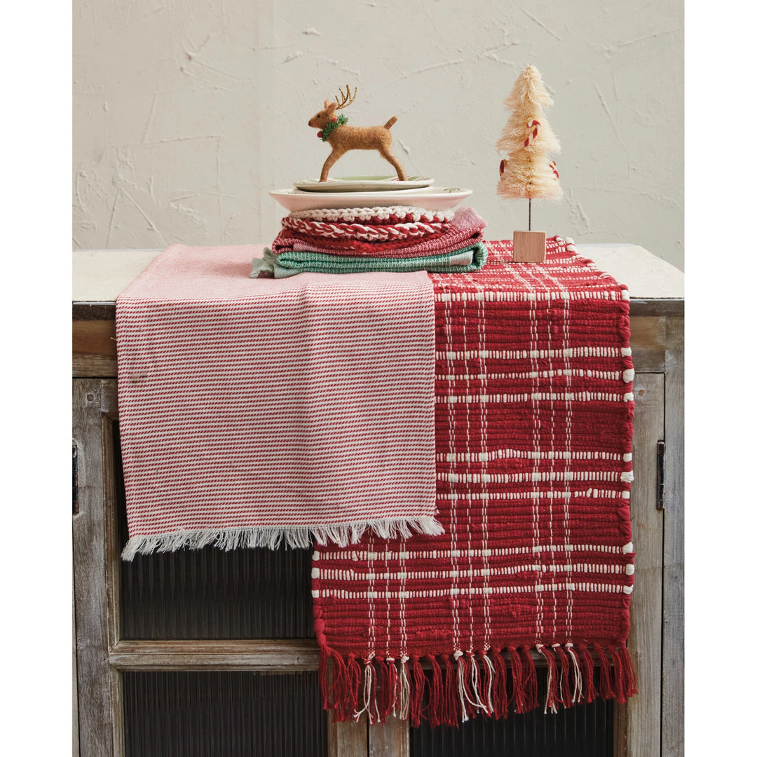 Red & White Plaid Chindi Fringed Table Runner