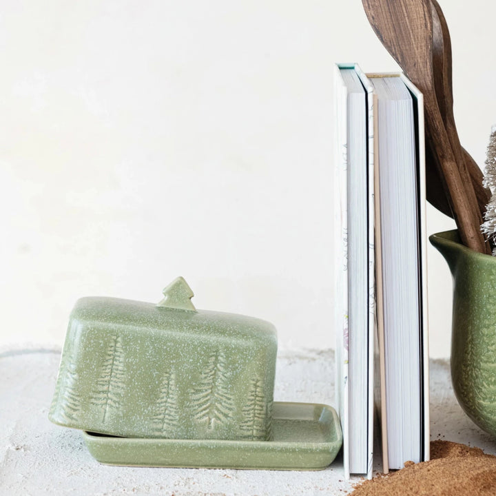 Green Tree Stoneware Butter Dish