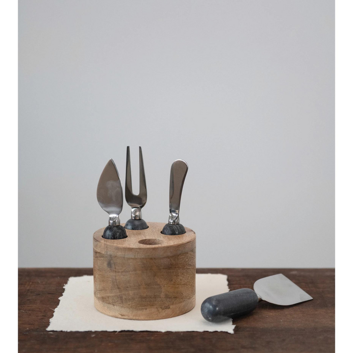 Marble Cheese Servers & Wood Stand Set