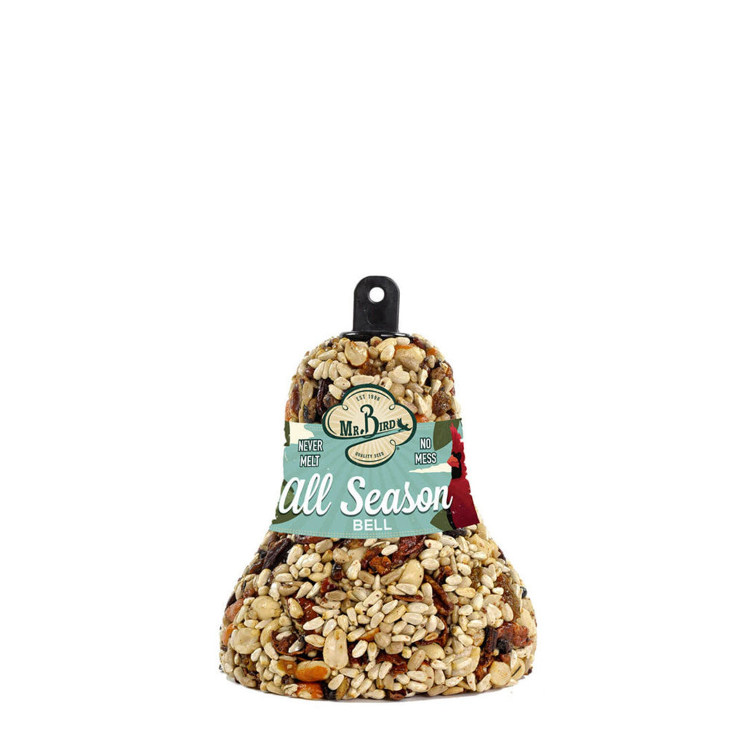 A bell-shaped bird feeder filled with a mix of seeds, nuts, and fruits, labeled 'All Season'.