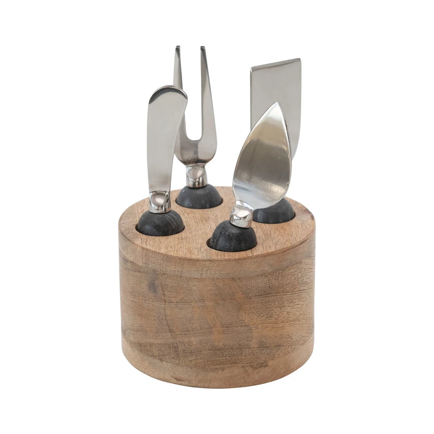 Marble Cheese Servers & Wood Stand Set